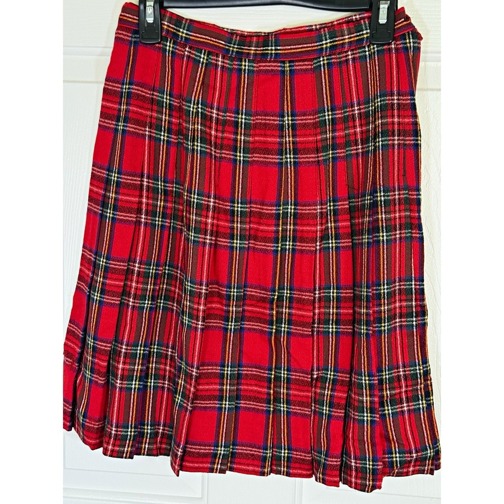 Vintage Briggs NY Red Plaid Pleated Twill preppy Skirt Size 10 Wool Rayon